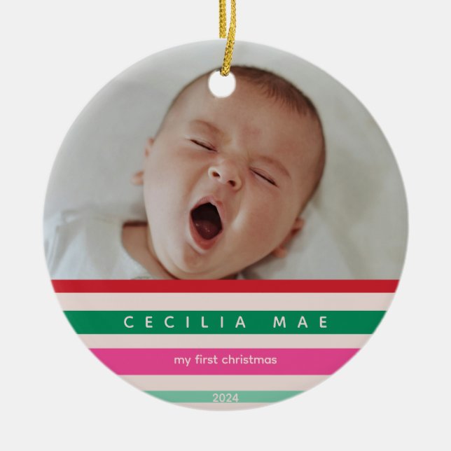 Baby's First Christmas Colourful Holiday Stripes Ceramic Tree Decoration (Front)