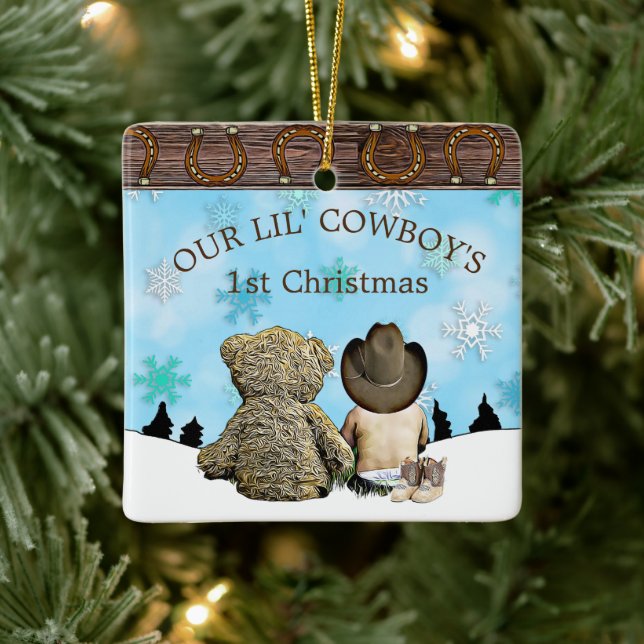 Baby's First Christmas Cowboy and Teddy Bear Ceramic Ornament (Tree)