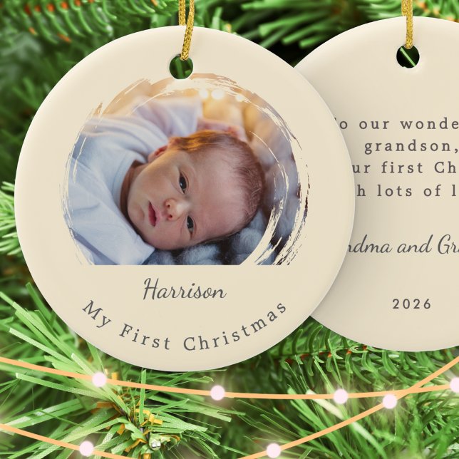 Baby's First Christmas Cream Custom Photo Keepsake Ceramic Tree Decoration (A personalized ornament in ivory cream, for baby's first Christmas, with custom photo and text)