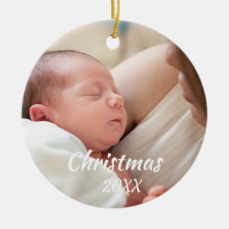 Baby's First Christmas Custom 2-photo White Script Ceramic Tree Decoration