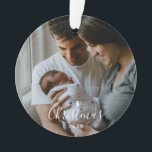 Baby's First Christmas Custom 2-photo White Script Ornament<br><div class="desc">Minimalist and beautiful,  this custom 2-photo ornament celebrates baby's first Christmas. Features a modern script font and a white Christmas Tree. Text is all customisable.</div>