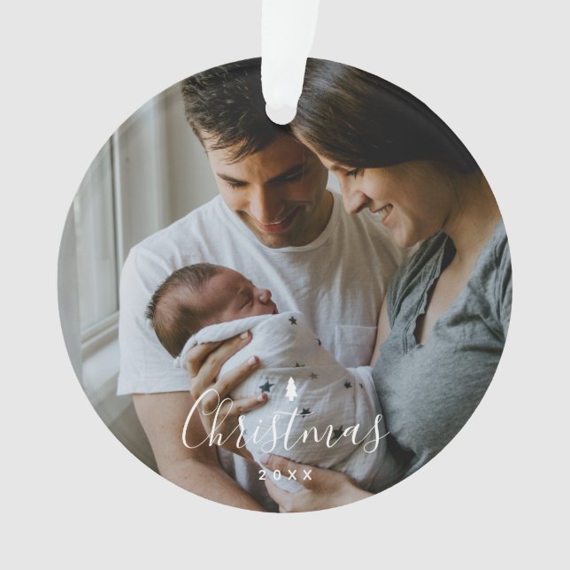 Baby's First Christmas Custom 2-photo White Script Ornament (Front)