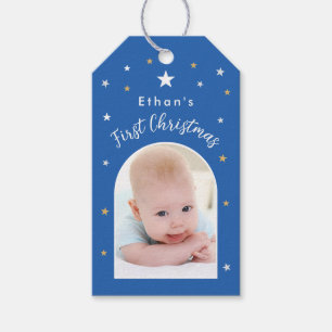 Baby's First Christmas Custom Arch Photo Blue Gift Tags