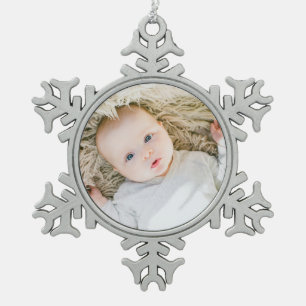 Baby's First Christmas Custom Family Photo Snowflake Pewter Christmas Ornament