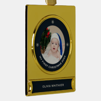 Baby's First Christmas Custom Holiday Photo Blue Gold Plated Banner Ornament