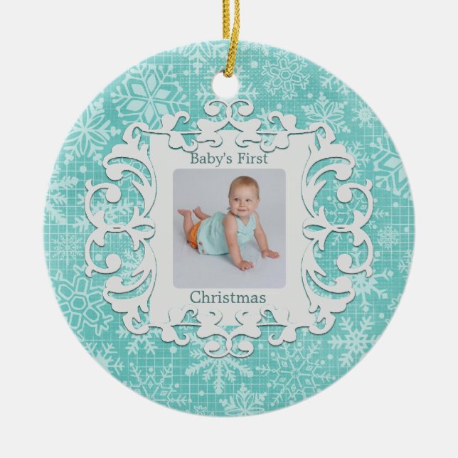 Babys First Christmas Custom Holiday Photo Ceramic Tree Decoration (Front)