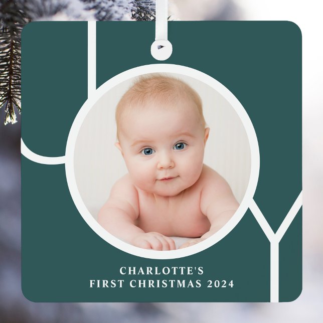 Baby's First Christmas Custom Keepsake Photo Green Metal Tree Decoration (Creator Uploaded)