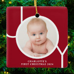 Baby's First Christmas Custom Keepsake Photo Red Ceramic Ornament<br><div class="desc">This stylish keepsake Baby's First Christmas Photo Ornament is decorated with the word JOY in white typography on a red background.
Easily customisable with your photo,  name,  and year.</div>