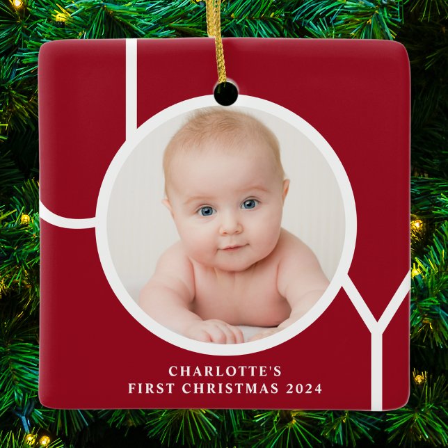 Baby's First Christmas Custom Keepsake Photo Red Ceramic Ornament (Creator Uploaded)
