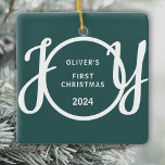 Baby's First Christmas Custom Name Green Keepsake Ceramic Ornament<br><div class="desc">This keepsake Baby's First Christmas Ornament is decorated with the word JOY in stylish script typography on a green background.
Easily customisable.</div>