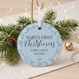Baby's First Christmas Custom Name Keepsake Blue Glass Tree Decoration