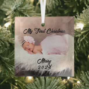 Baby's First Christmas Custom Name Keepsake Photo Glass Tree Decoration