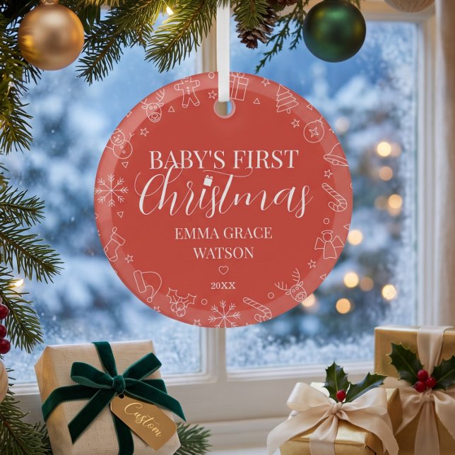 Baby's First Christmas Custom Name Keepsake Red Glass Tree Decoration (Creator Uploaded)