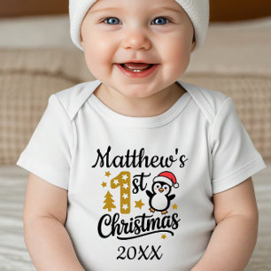 Baby's First Christmas Custom Name Penguin Baby Bodysuit
