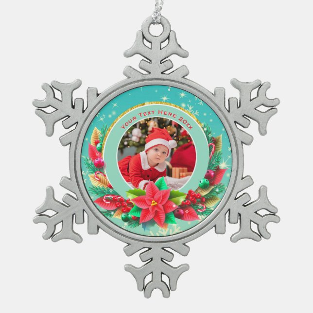 Baby's First Christmas Custom Name Photo Keepsake Snowflake Pewter Christmas Ornament (Front)
