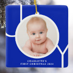 Baby's First Christmas Custom Photo Blue Ceramic Ornament<br><div class="desc">This stylish keepsake Baby's First Christmas Photo Ornament is decorated with the word JOY in white typography on a peacock blue background.
Easily customisable with your photo,  name,  and year.</div>