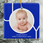 Baby's First Christmas Custom Photo Blue Ceramic Ornament<br><div class="desc">This stylish keepsake Baby's First Christmas Photo Ornament is decorated with the word JOY in white typography on a peacock blue background.
Easily customisable with your photo,  name,  and year.</div>