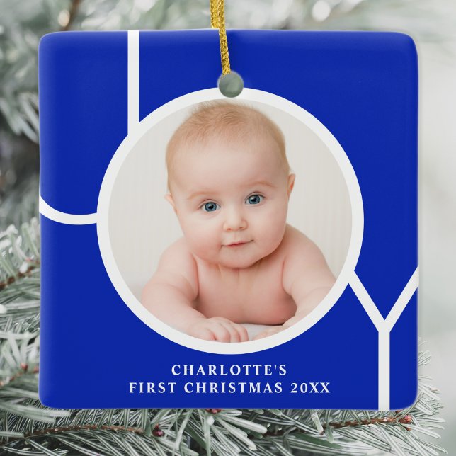 Baby's First Christmas Custom Photo Blue Ceramic Ornament (Creator Uploaded)