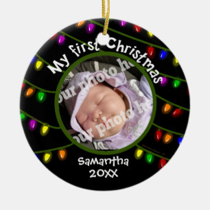 Babys First Christmas Custom Photo Fun Xmas Lights Ceramic Tree Decoration