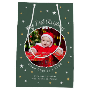 Baby's First Christmas Custom Photo Green Medium Gift Bag