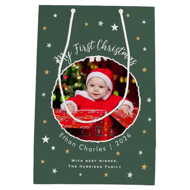 Baby's First Christmas Custom Photo Green Medium Gift Bag (Back)