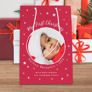 Baby's First Christmas Custom Photo Red Medium Gift Bag