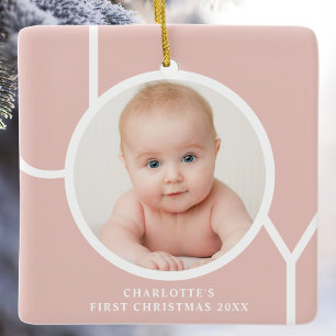 Baby's First Christmas Custom Photo Rose Gold Ceramic Ornament