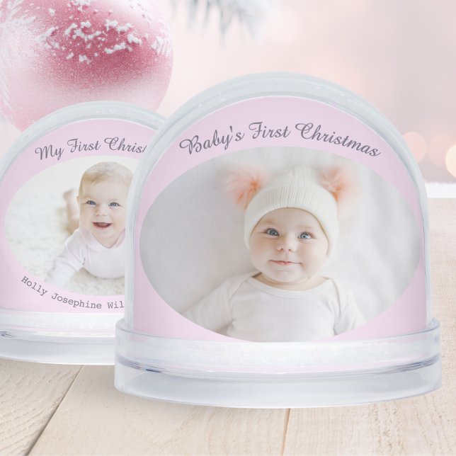 Baby's First Christmas Custom Photos Pretty Pink Snowglobe (A cute snowglobe for baby's first Christmas, with custom photo on both sides)