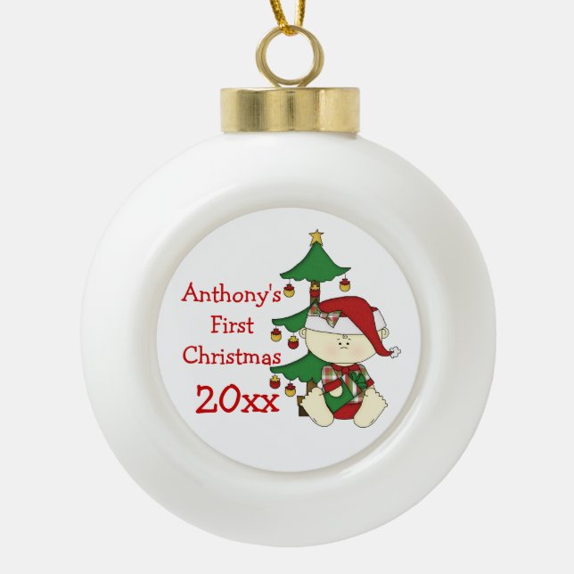 Baby's First Christmas-Customise Name/Year Ceramic Ball Christmas Ornament (Front)