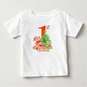 Baby's First Christmas, Cute Bear and Tree Design Baby T-Shirt
