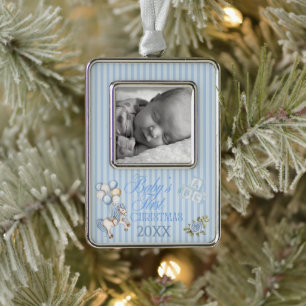 Baby's First Christmas Cute Blue Watercolor Horse Silver Plated Framed Ornament