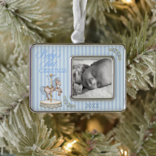 Baby's First Christmas Cute Blue Watercolor Horse Silver Plated Framed Ornament