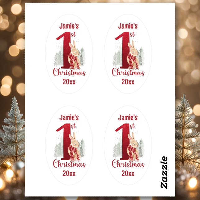 Baby's First Christmas Cute Bunny Number One Oval Sticker (Baby's First Christmas Cute Bunny Number One Oval Sticker)