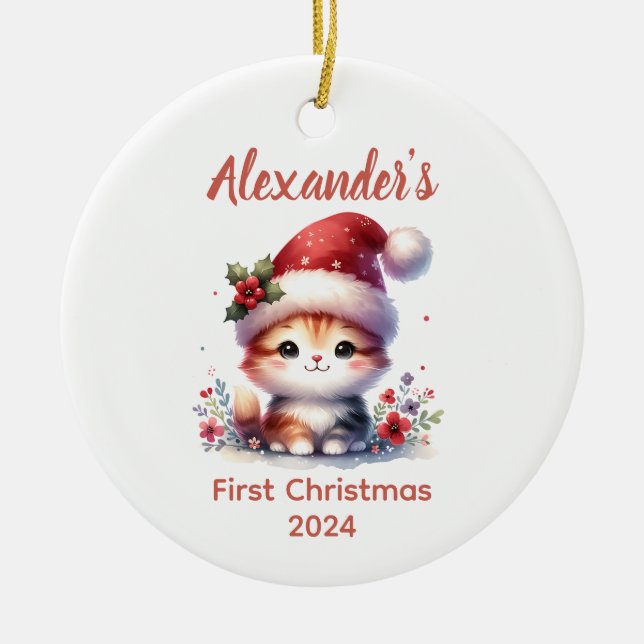 Baby's first Christmas cute cat baby Animal Ceramic Tree Decoration (Front)