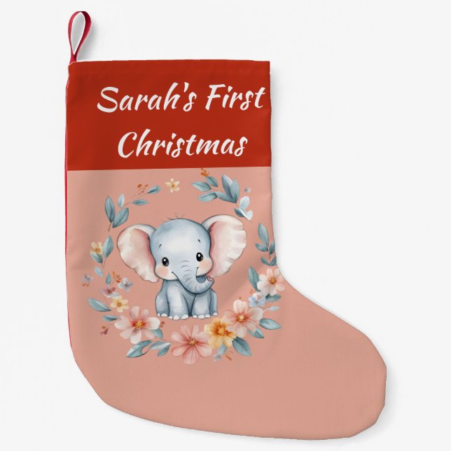 Baby's First Christmas Cute Elemphant Floral  Small Christmas Stocking (Front)