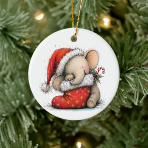 Baby's First Christmas Cute Elephant Black Text Ceramic Tree Decoration