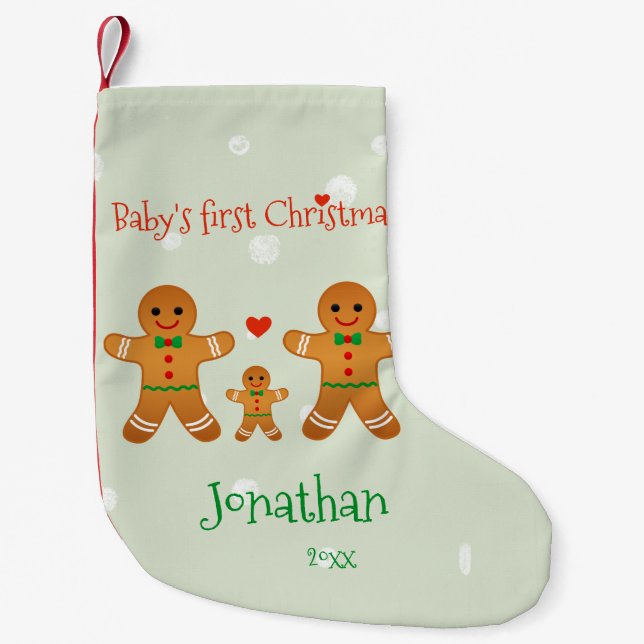 Baby's first Christmas - Cute Gingerbread Men Small Christmas Stocking (Front)