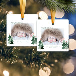 Baby's First Christmas Cute Holiday Trees Photo Ceramic Ornament<br><div class="desc">Baby's First Christmas! Cute, Modern yet Rustic Christmas Holiday Photo Square Ornaments featuring adorable little forests of rustic Christmas trees and Merry Christmas in modern typography. Add 2 of your favorite photos for the perfect ornament! Please contact us at cedarandstring@gmail.com if you need assistance with the design or matching products....</div>