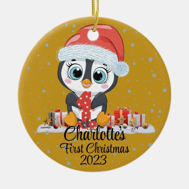 Baby's First Christmas cute penguin Christmas hat  Ceramic Tree Decoration (Front)