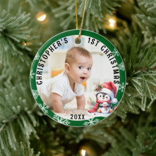 Babys First Christmas Cute Penguin Photo Ceramic Tree Decoration