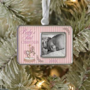 Baby's First Christmas Cute Pink Watercolor Horse Silver Plated Framed Ornament
