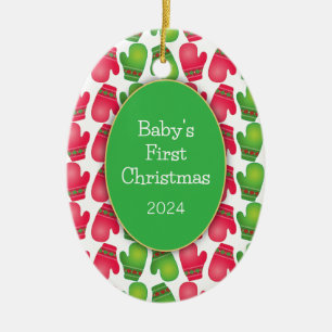 Baby's First Christmas, Cute Red & Green Mittens Ceramic Tree Decoration