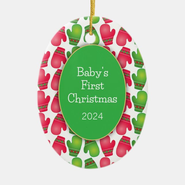 Baby's First Christmas, Cute Red & Green Mittens Ceramic Tree Decoration (Front)