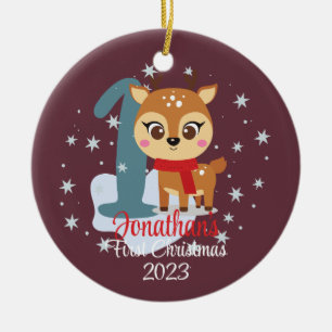 Baby's First Christmas cute reindeer modern colour Ceramic Tree Decoration