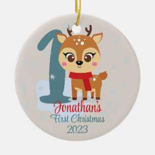 Baby's First Christmas cute reindeer modern colour Ceramic Tree Decoration