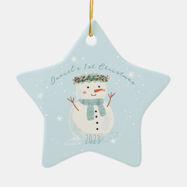 Baby's First Christmas Cute Snowman and Snowflake Ceramic Tree Decoration (Front)