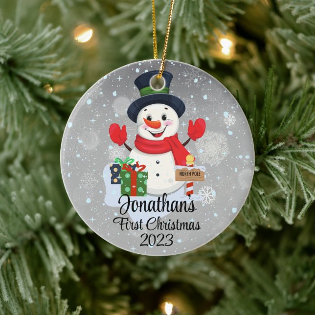 Baby's First Christmas cute snowman black hat  Ceramic Tree Decoration (Tree)