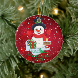 Baby's First Christmas cute snowman black hat  Ceramic Tree Decoration