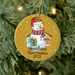Baby's First Christmas cute snowman modern colour Ceramic Tree Decoration