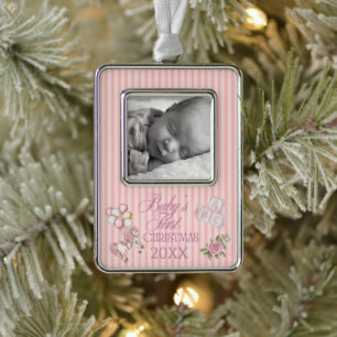 Baby's First Christmas Cute Watercolor Horse Silver Plated Framed Ornament